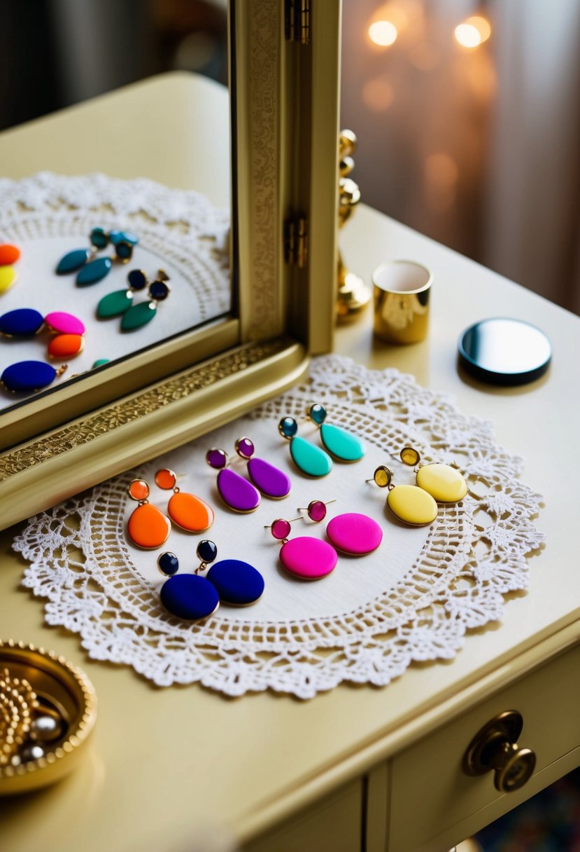 A vintage vanity table with a collection of colorful 90s-style earrings displayed on a lace doily