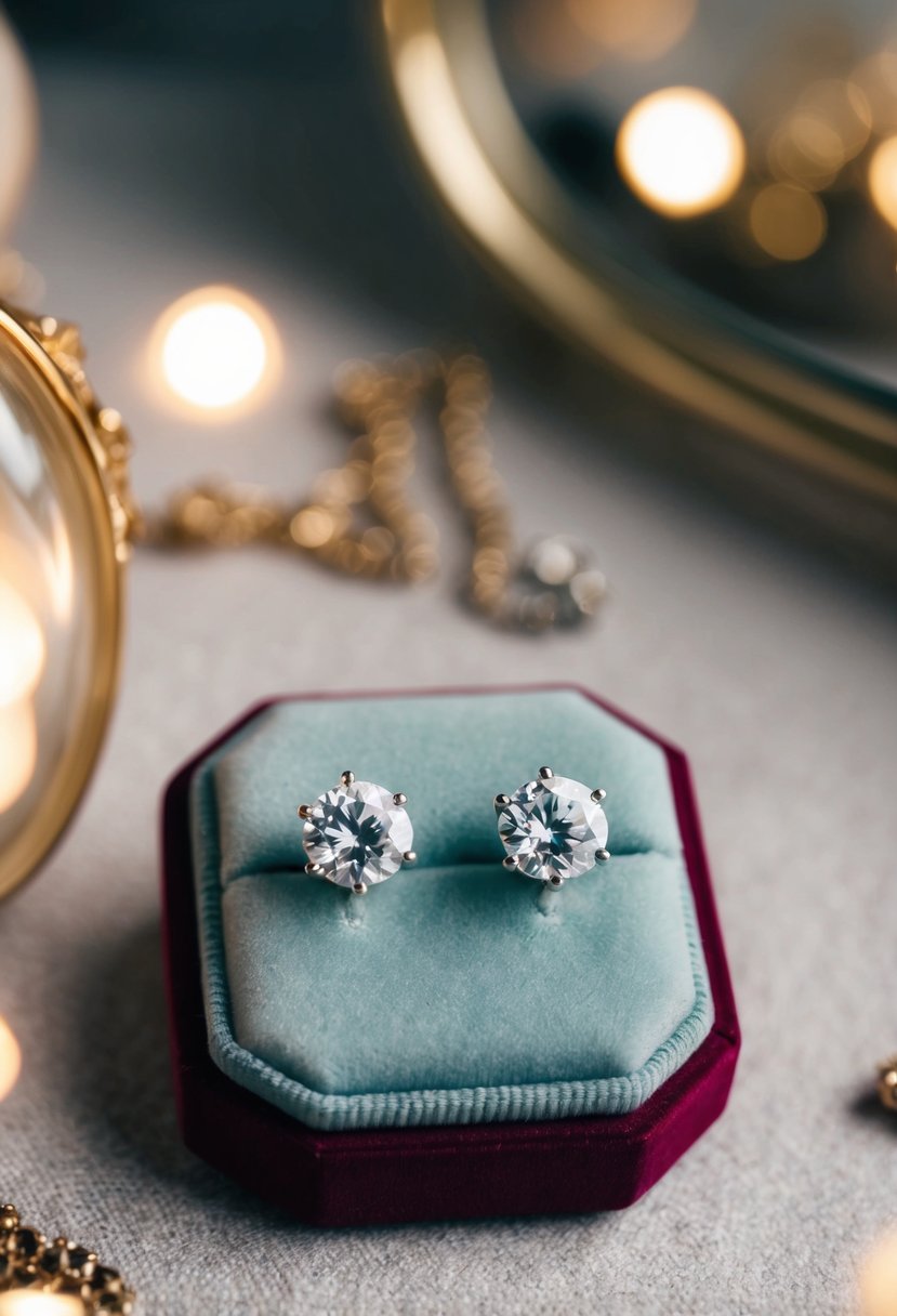 A pair of diamond stud earrings displayed on a velvet jewelry box, surrounded by soft lighting and a hint of vintage decor