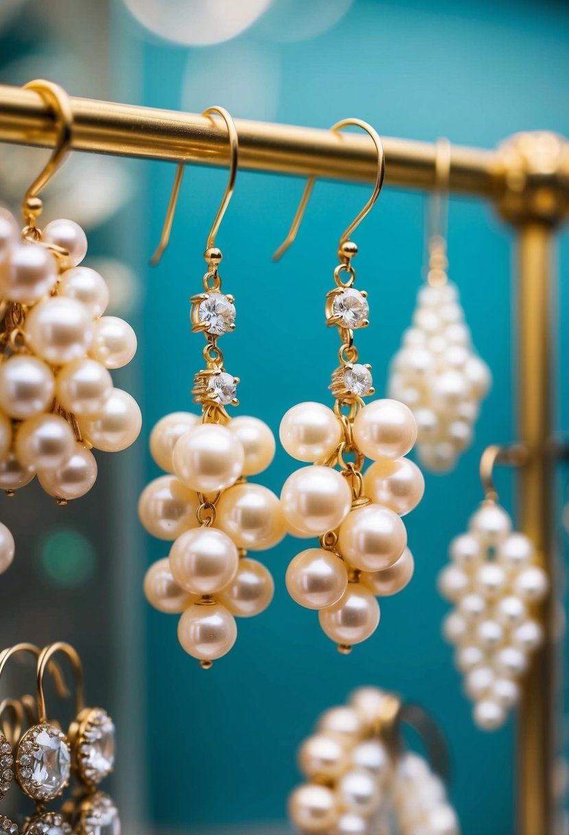 A pair of pearl cluster drop earrings hanging from a vintage-inspired jewelry display, surrounded by other 90s wedding earring ideas