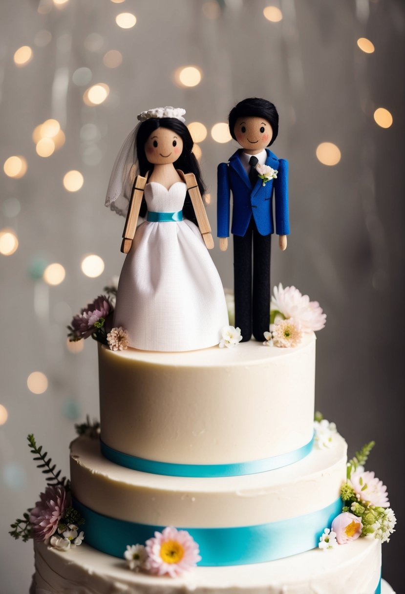 Two clothespin dolls dressed in wedding attire stand atop a tiered cake, surrounded by miniature flowers and ribbons