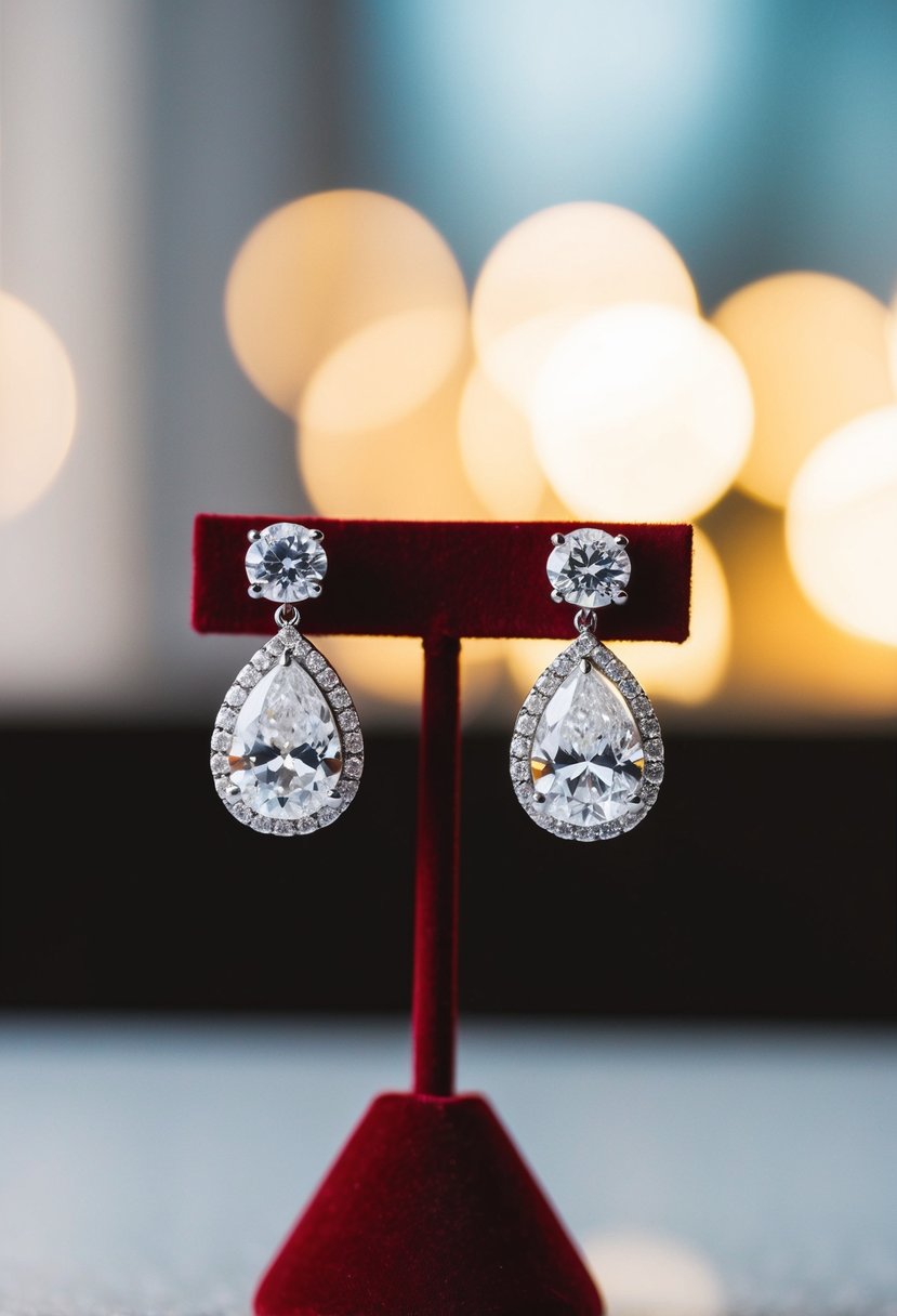 A sparkling pair of diamond wedding earrings displayed on a velvet jewelry stand under soft, warm lighting