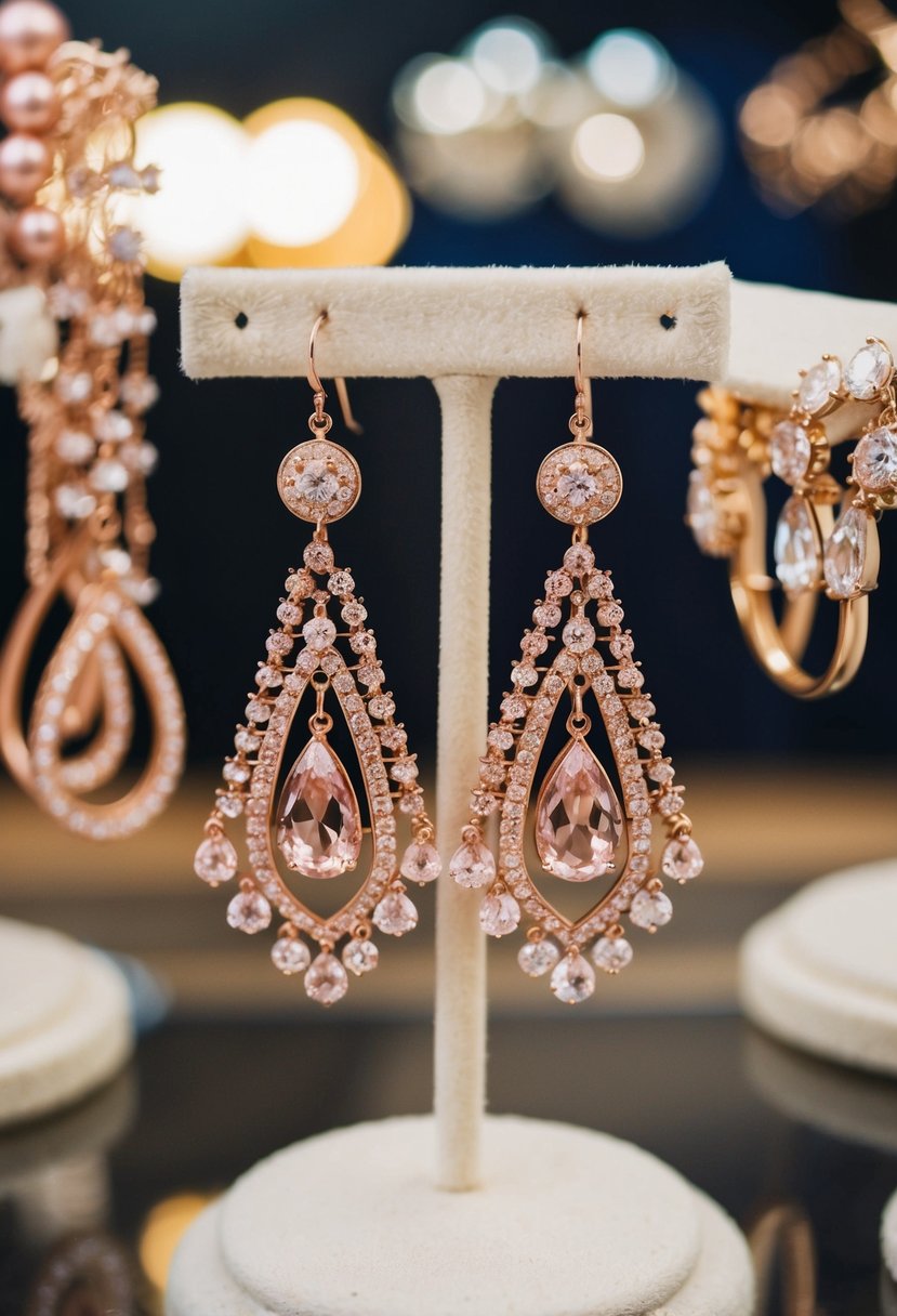 A pair of rose gold chandelier earrings hanging from a vintage jewelry display, surrounded by other 90s wedding earring ideas