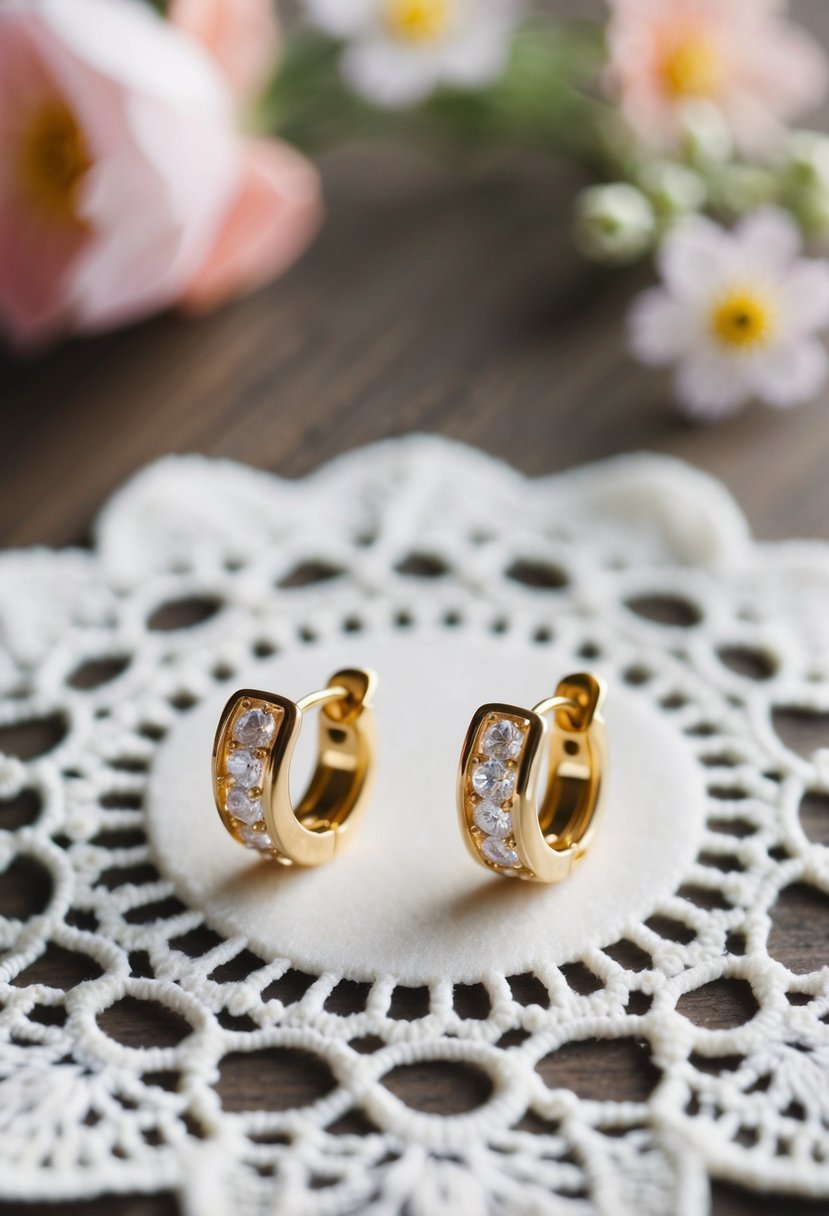 A pair of classic huggie earrings displayed on a vintage lace doily with delicate floral accents