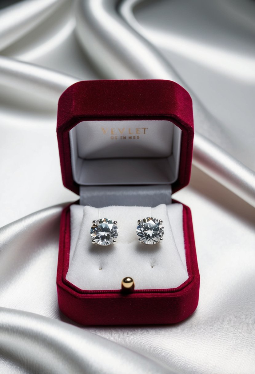 A velvet jewelry box holds dazzling diamond studs on a white satin background