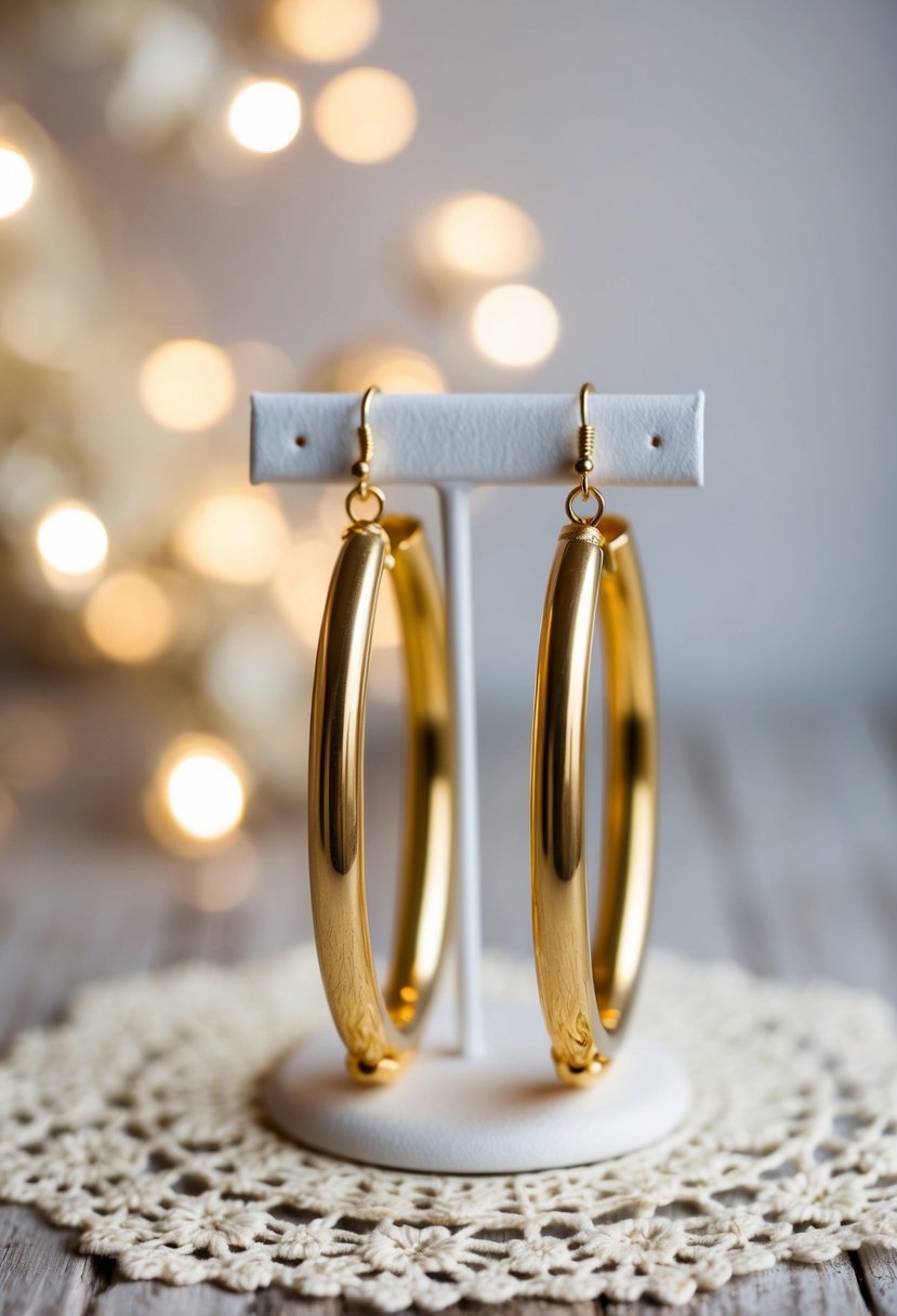 A pair of bold, gold statement hoop earrings, reminiscent of 90s fashion, displayed on a vintage lace doily with soft, romantic lighting