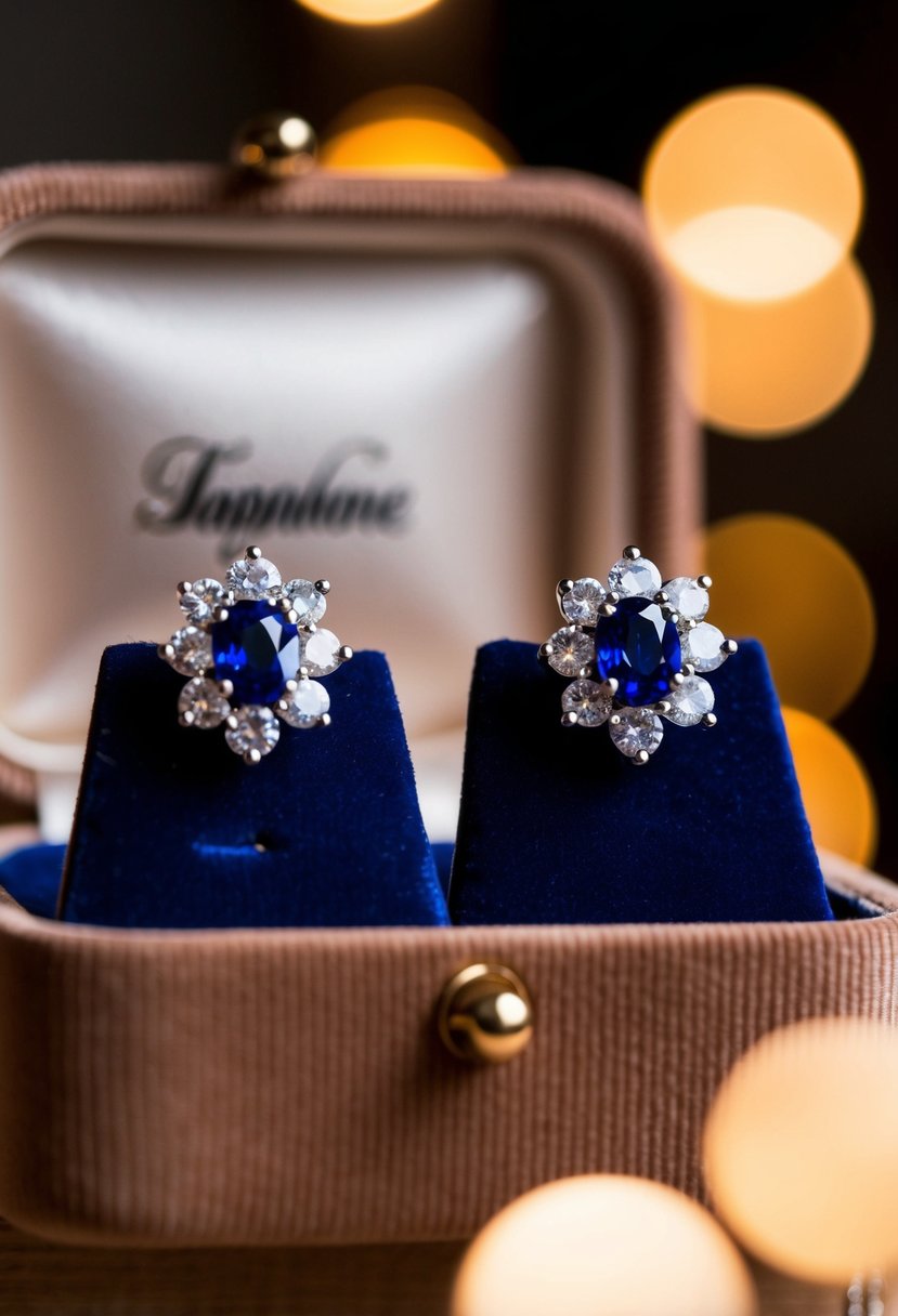 A pair of elegant sapphire and diamond earrings displayed on a velvet cushion under soft, warm lighting