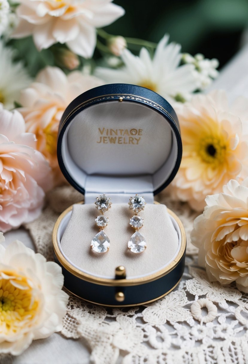 A vintage-inspired jewelry box holds delicate crystal drop earrings, surrounded by soft pastel flowers and lace fabric