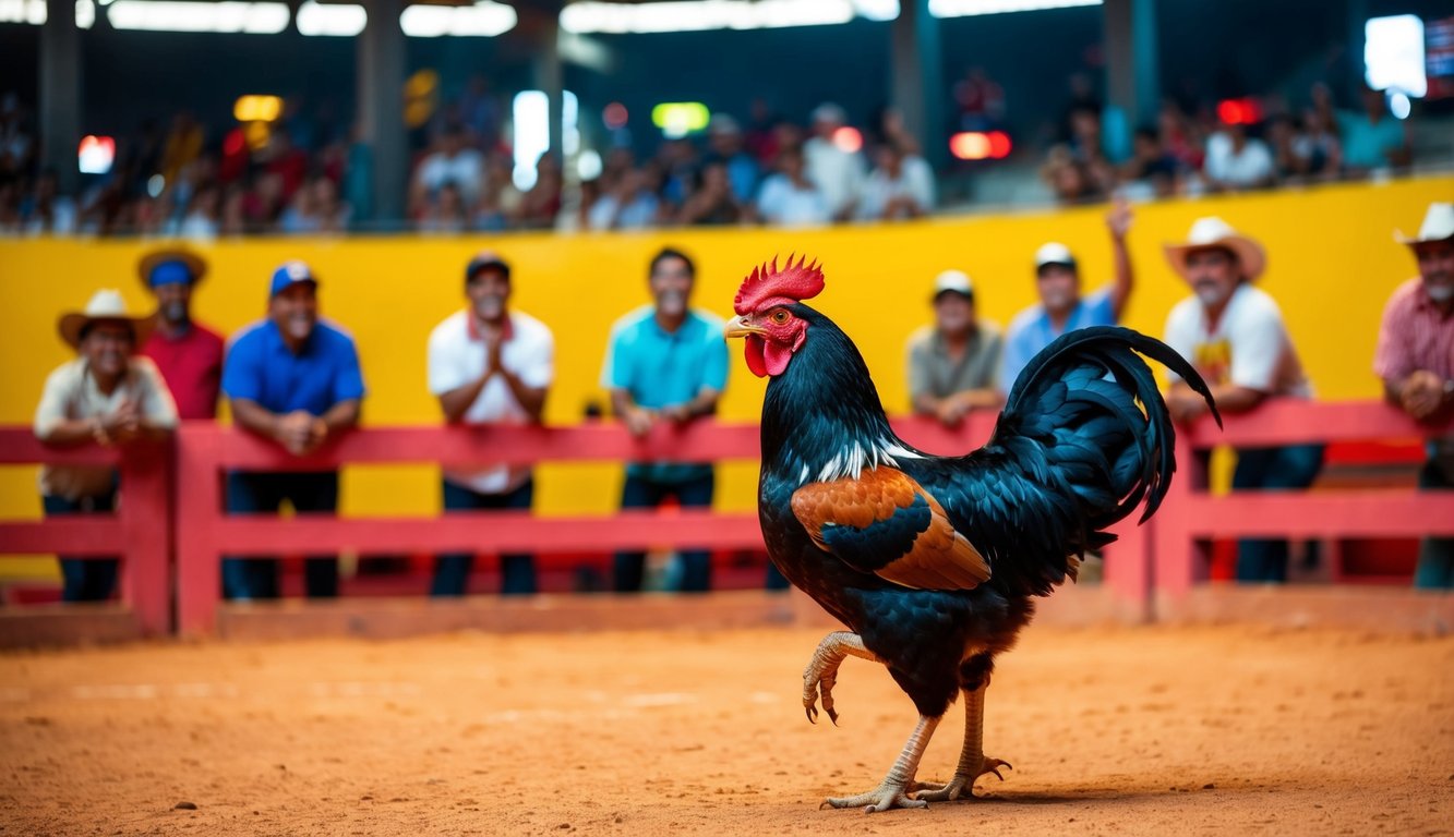 Arena sabung ayam yang hidup dengan warna-warna cerah dan penonton yang bersorak