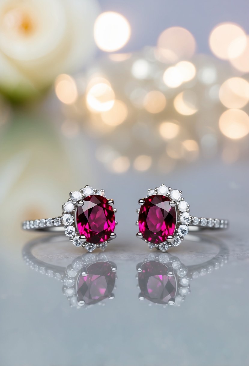 Two ruby gemstone studs surrounded by sparkling diamonds, gleaming in the soft light of a wedding setting