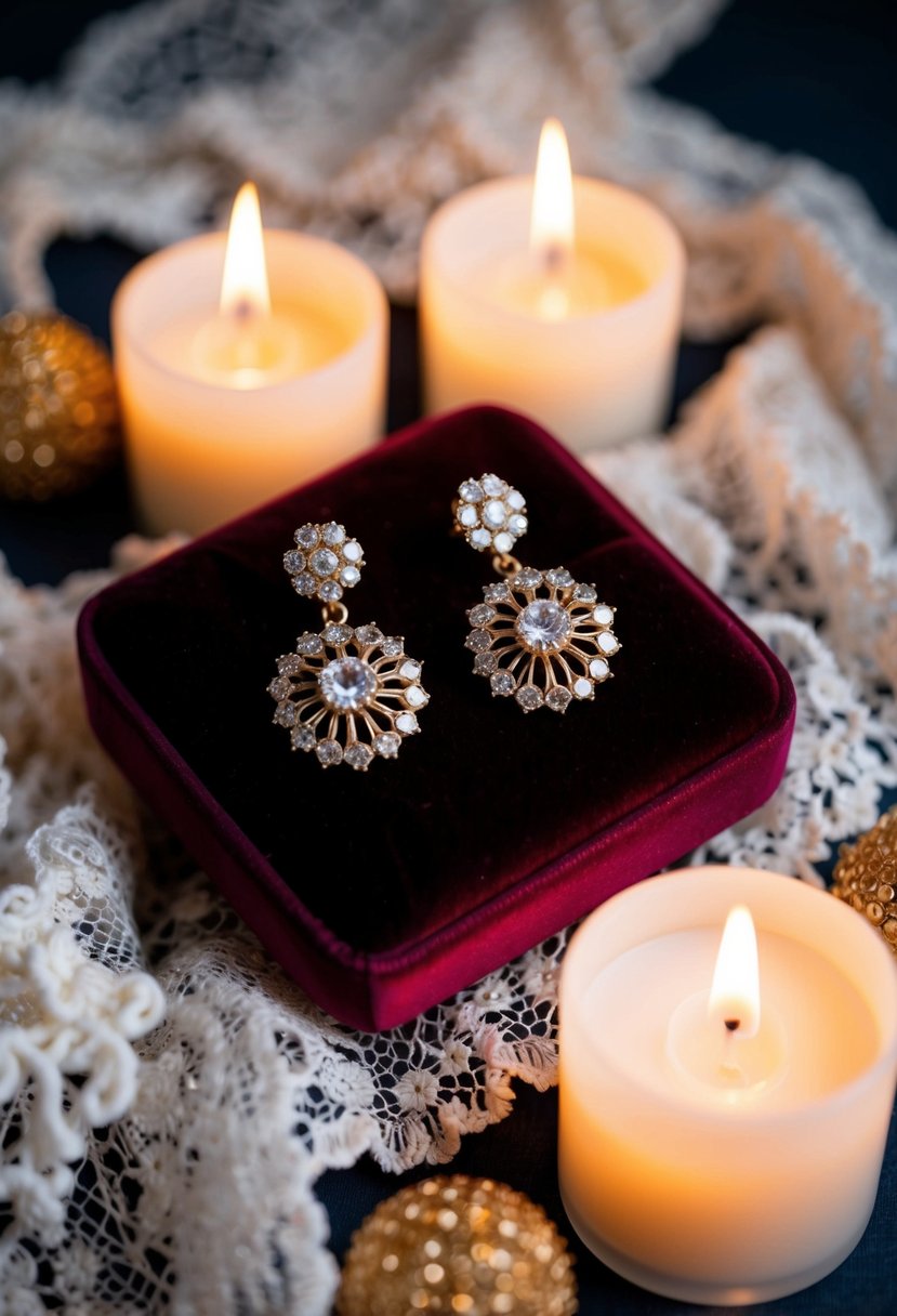 A pair of vintage-inspired glam earrings displayed on a velvet cushion, surrounded by soft candlelight and delicate lace