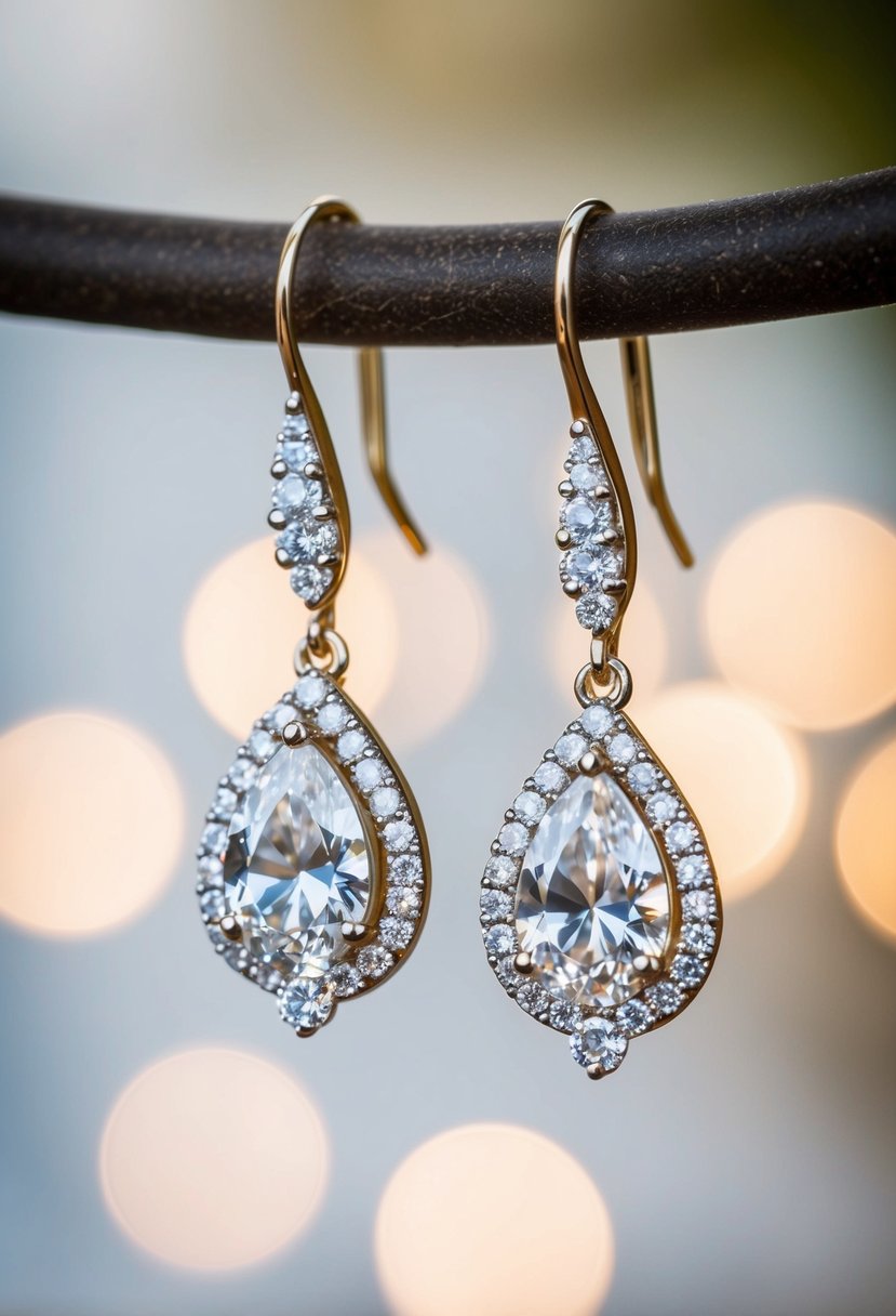 A pair of elegant drop earrings featuring sparkling diamonds, perfect for a wedding