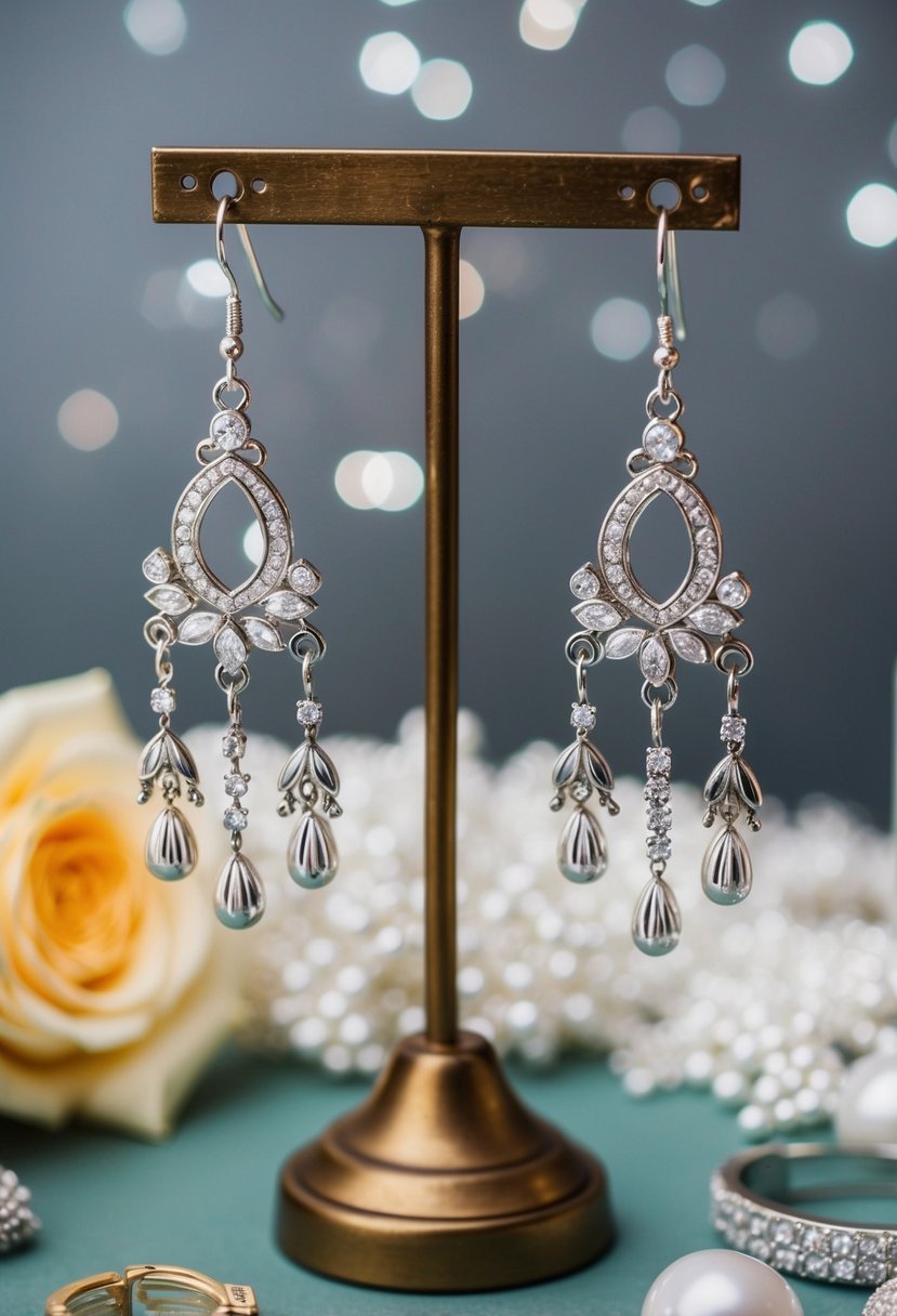 A pair of silver bridal danglers hanging from a vintage jewelry stand, surrounded by other 90s-inspired wedding accessories