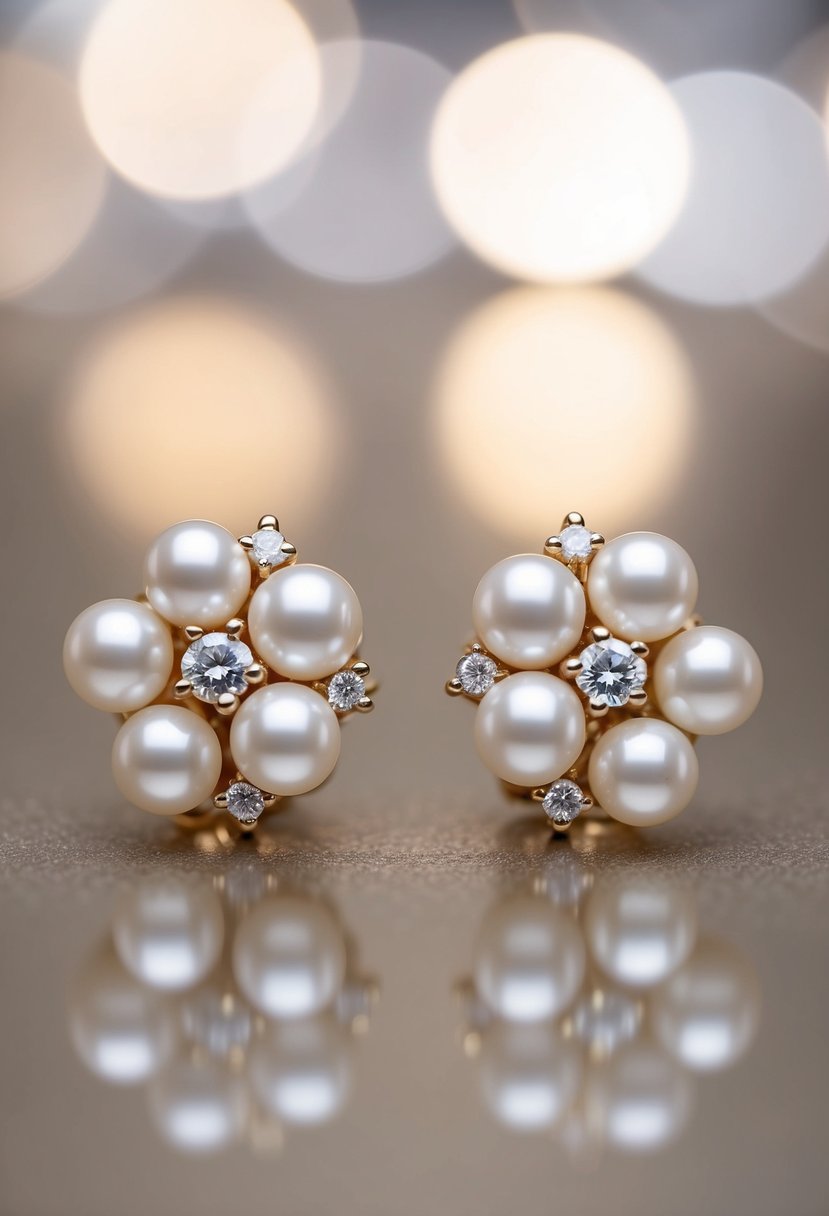 A pair of pearl cluster earrings glimmering under soft lighting, with delicate diamond accents adding a touch of elegance