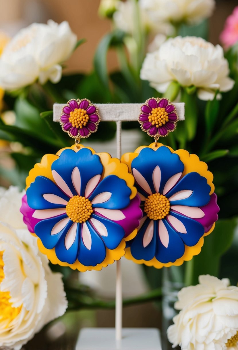 A pair of bold, oversized floral design earrings from the 90s, featuring vibrant colors and intricate details, perfect for a statement bridal look