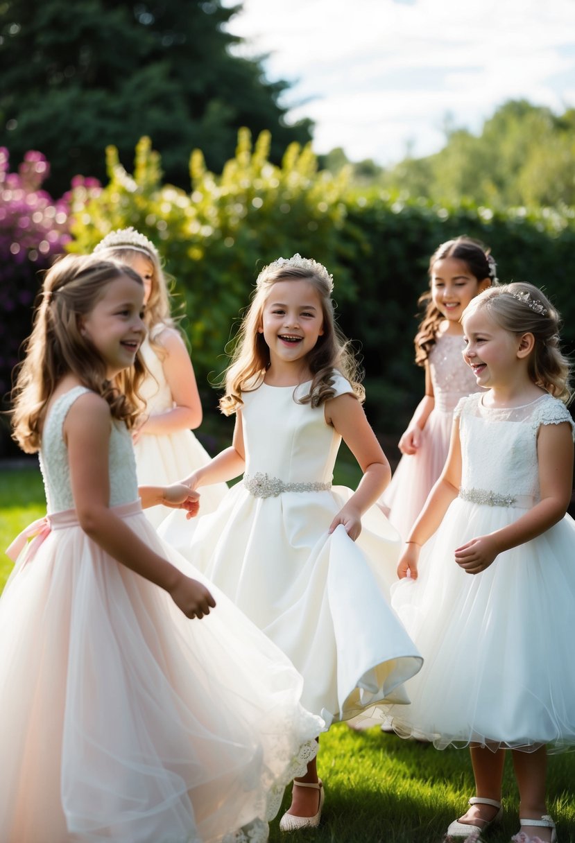 A group of children aged 11 and 12 are playing dress-up in various wedding dresses, twirling and laughing in a garden setting