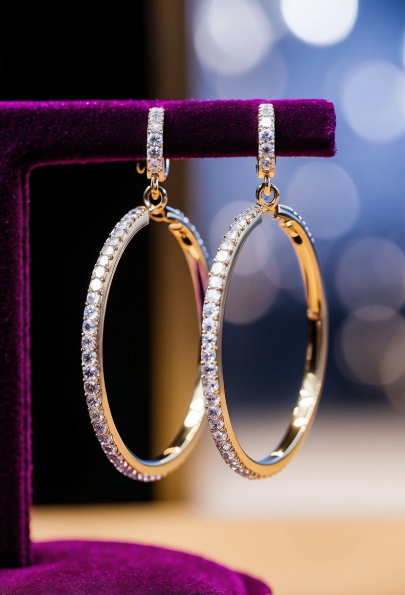 A sparkling pair of hoop earrings, adorned with shimmering diamonds, hangs delicately from a luxurious velvet jewelry display