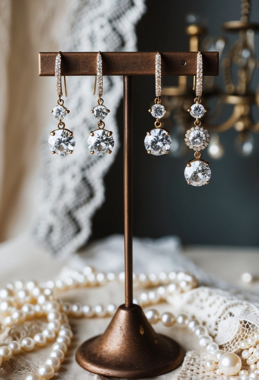 A display of vintage-inspired diamond wedding earrings hanging from a rustic stand, surrounded by antique lace and pearls