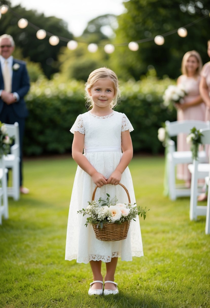 An outdoor garden wedding with a young girl in a white lace A-line dress holding a basket of flowers