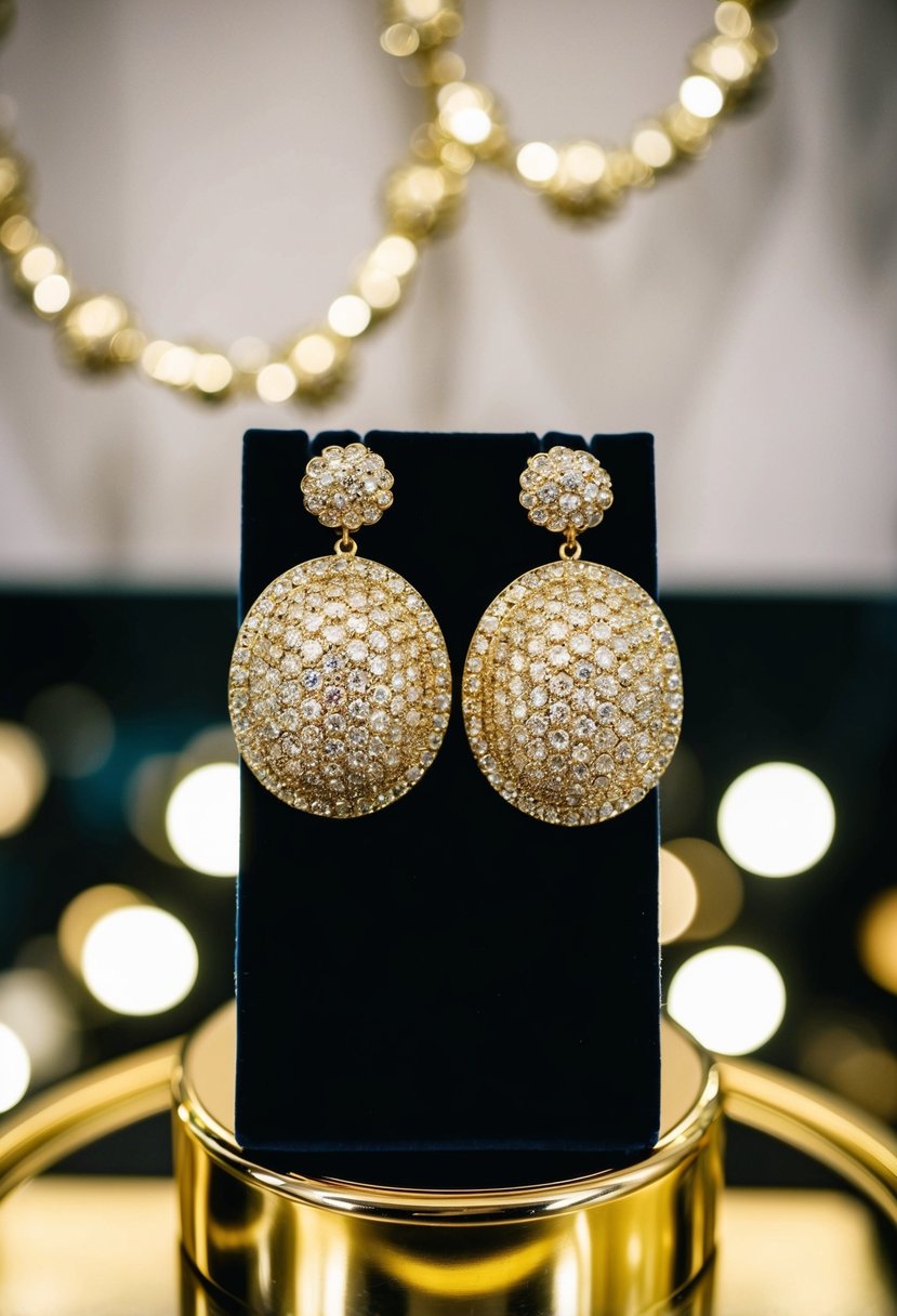 A glamorous pair of oversized gold-plated studs, reminiscent of 90s wedding style, shining on a velvet display