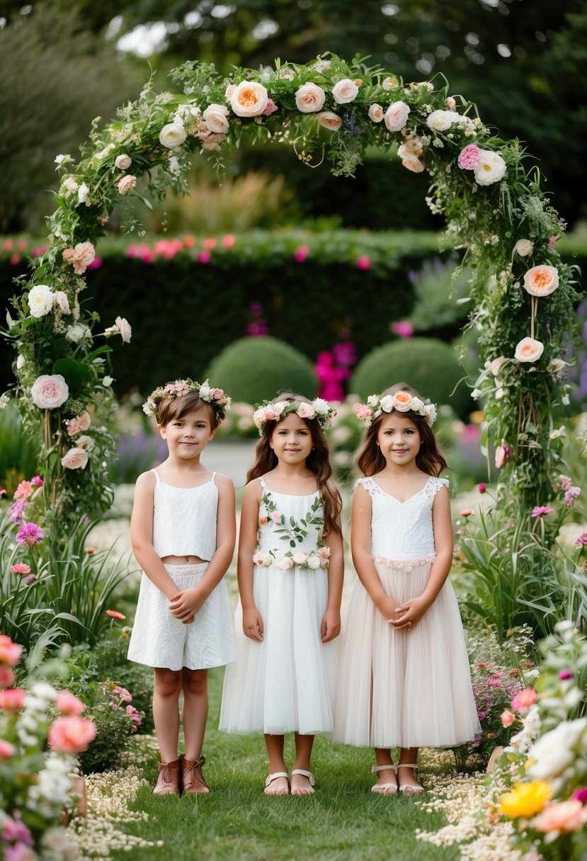 A whimsical garden setting with children wearing boho chic wedding attire and floral crowns, surrounded by lush flowers and greenery