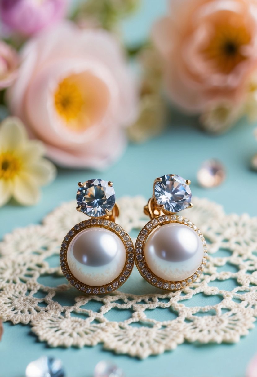 A pair of Swarovski crystal pearl earrings displayed on a vintage lace doily, surrounded by delicate floral motifs and soft pastel colors