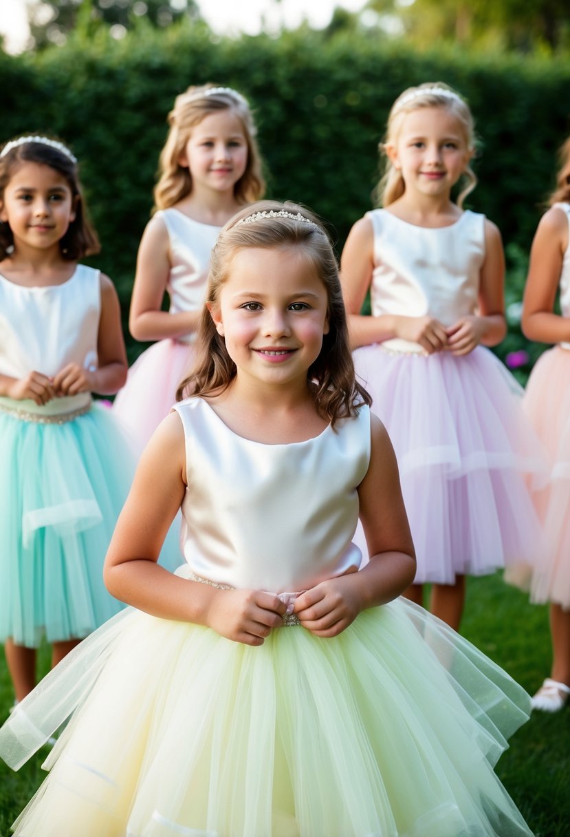 A group of kids aged 11-12 wearing pastel tulle skirts and satin tops, possibly in a garden or wedding setting