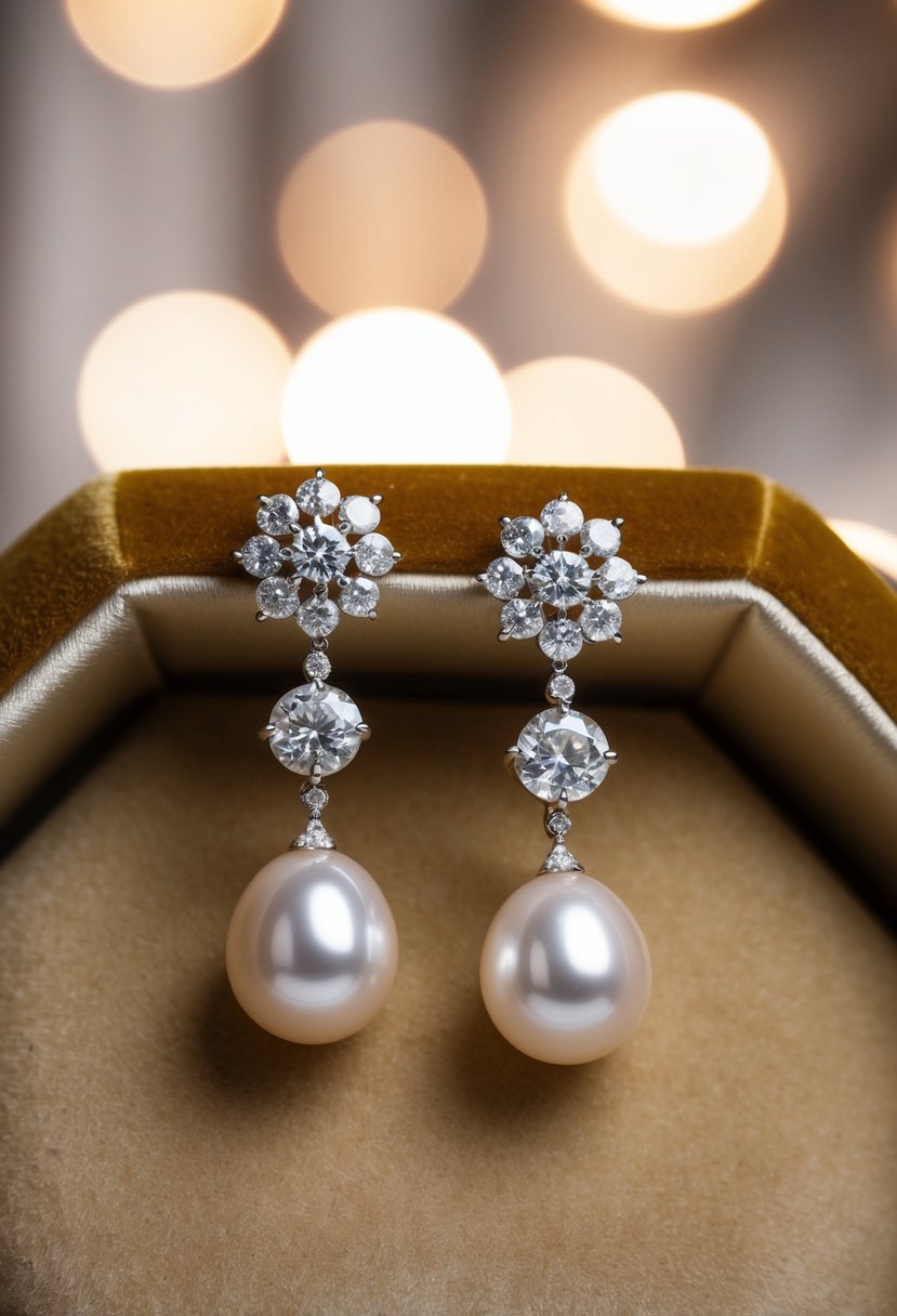 A pair of baroque pearl drop diamond earrings displayed on a velvet cushion under soft, warm lighting