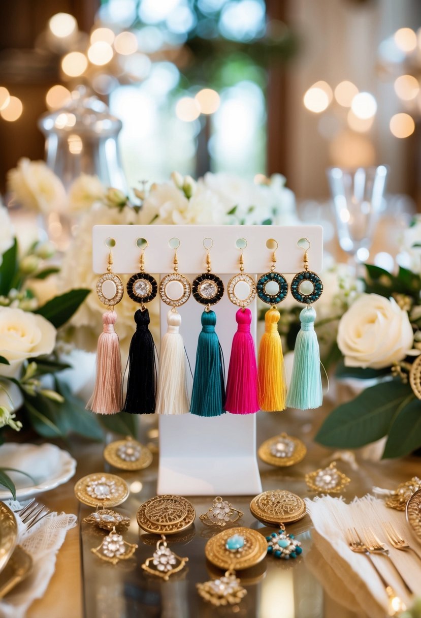 A table with various boho chic tassel earrings displayed, surrounded by vintage wedding decor