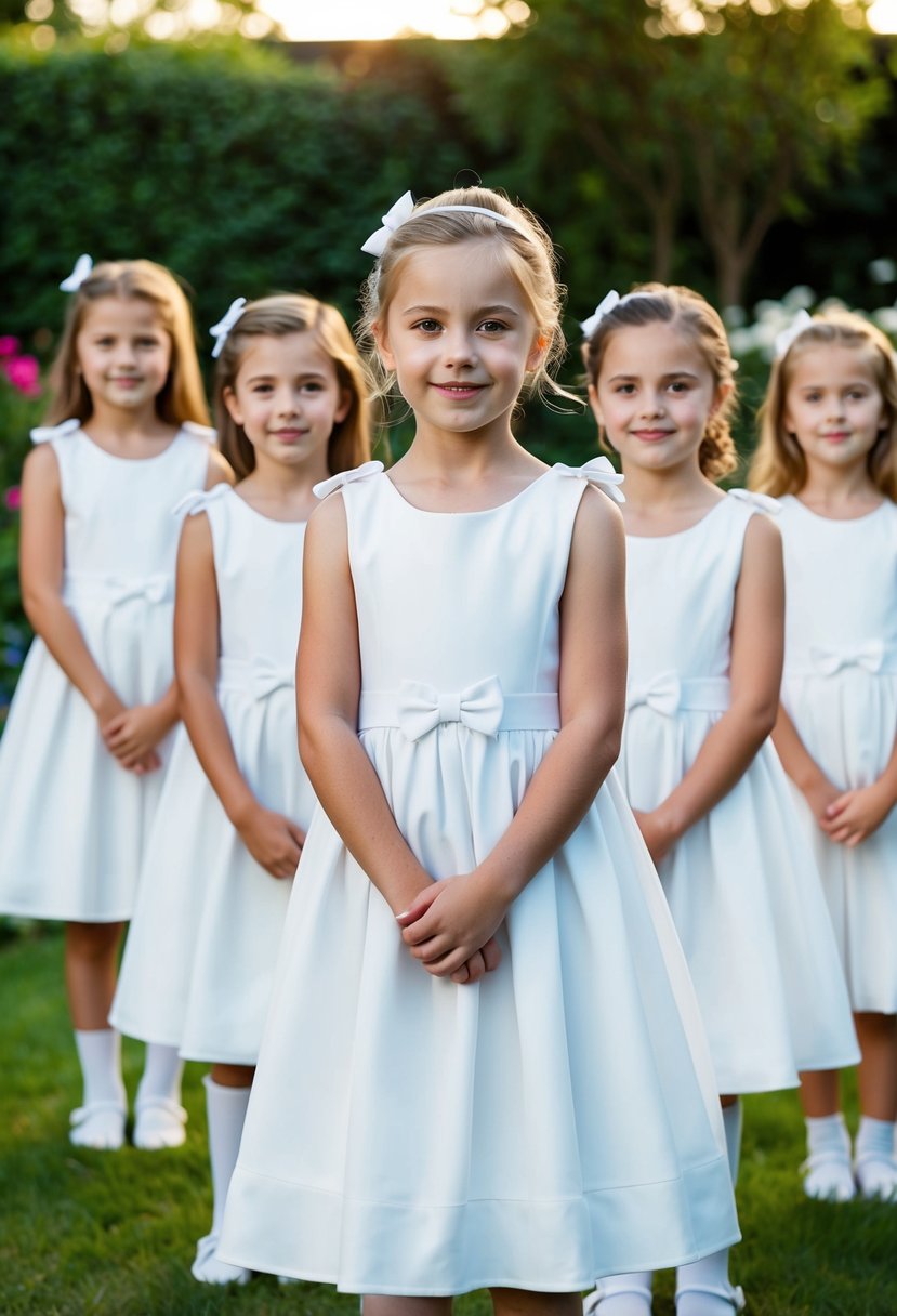 A group of young girls in classic white dresses with bow accents, standing in a row, with a garden backdrop