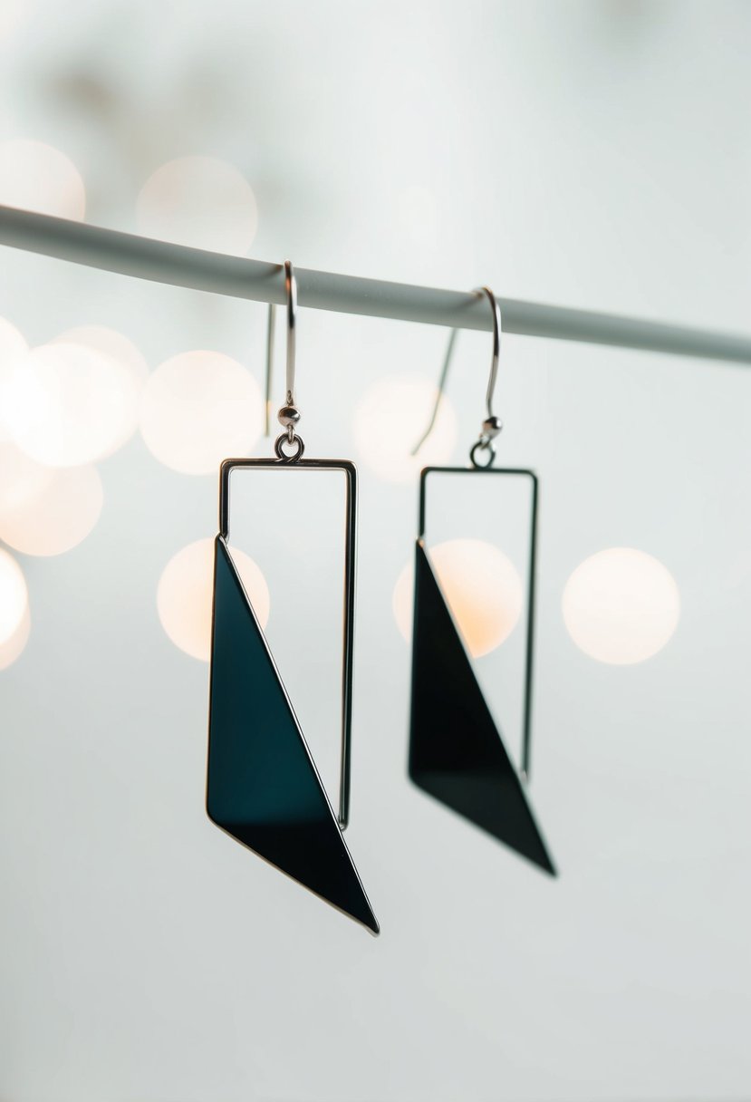 A sleek, geometric earring design suspended against a clean, white background