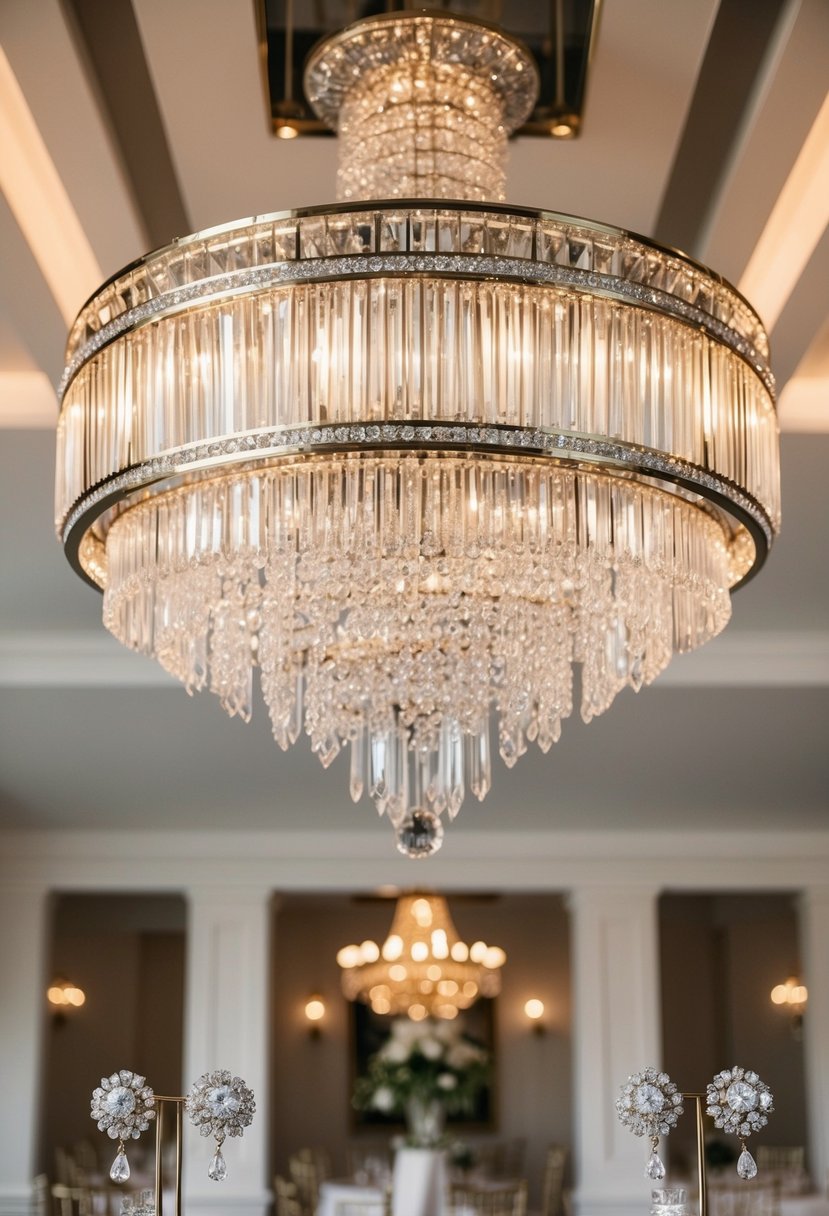 A grand Art Deco style chandelier illuminates a luxurious wedding setting, with sparkling diamond earrings displayed as elegant accessories