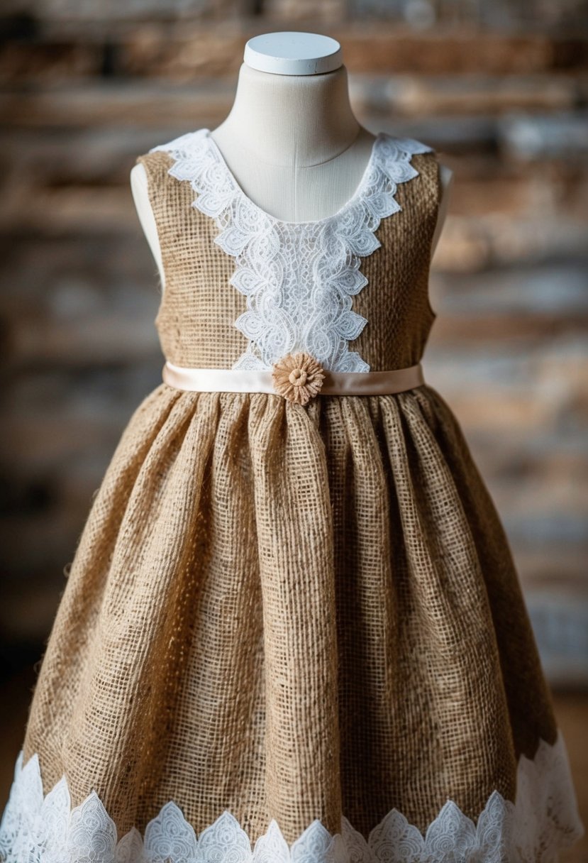 A rustic burlap and lace wedding dress for kids aged 11-12, with delicate lace details and a natural, earthy feel