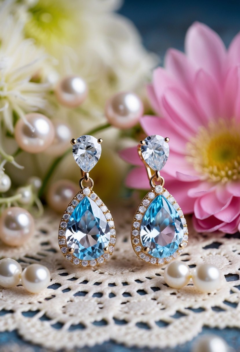 Two zirconia teardrop earrings displayed on a vintage lace doily, surrounded by delicate flowers and pearls