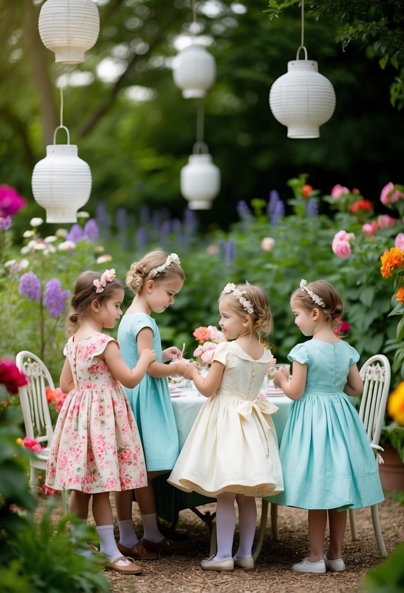 A garden tea party with kids in vintage-inspired tea-length dresses, surrounded by blooming flowers and hanging lanterns