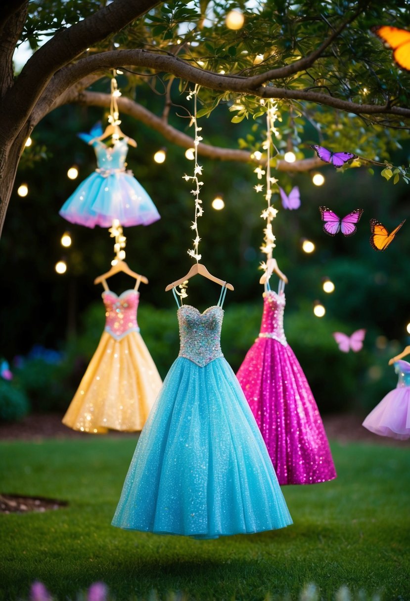 A magical garden with colorful, sparkling fairy tale gowns hanging from trees, surrounded by butterflies and twinkling lights