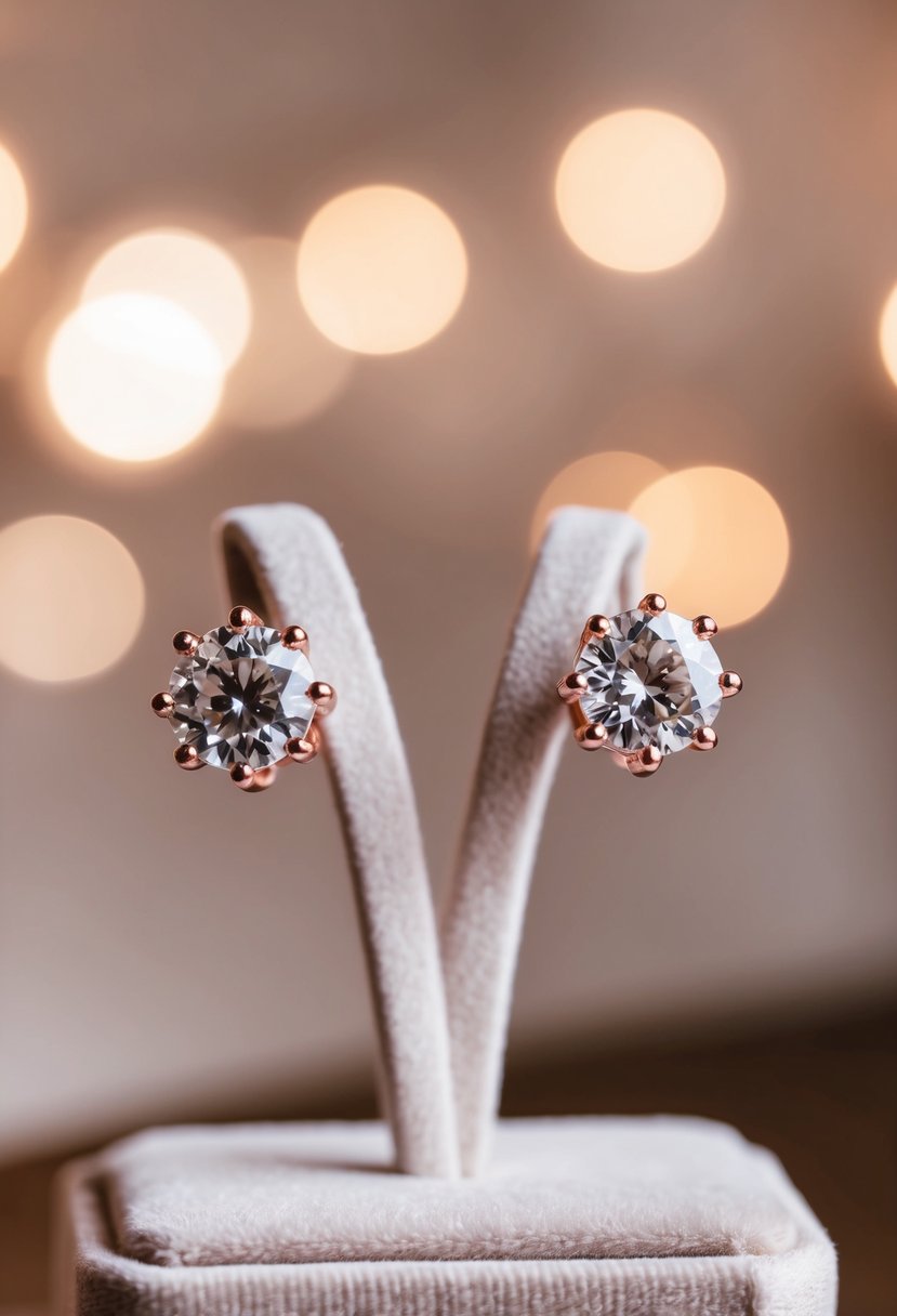 Two rose gold diamond studs displayed on a velvet earring stand, with soft lighting to highlight their sparkle