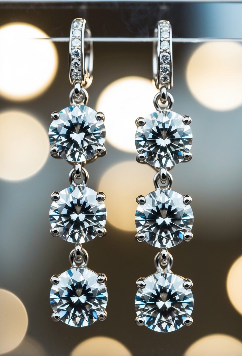 Two elegant diamond and platinum climbers dangle from a display, catching the light with their shimmering brilliance