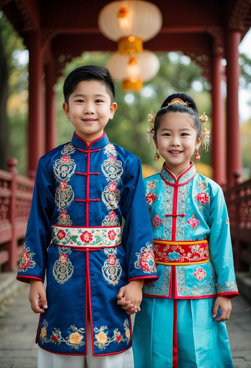 Two children in traditional Asian-inspired wedding outfits, aged 11 and 12, standing side by side with intricate embroidery and vibrant colors