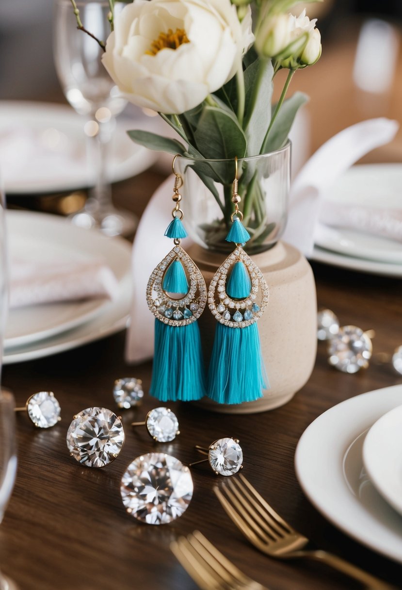 A table adorned with bohemian tassel earrings, surrounded by sparkling diamond wedding earring ideas