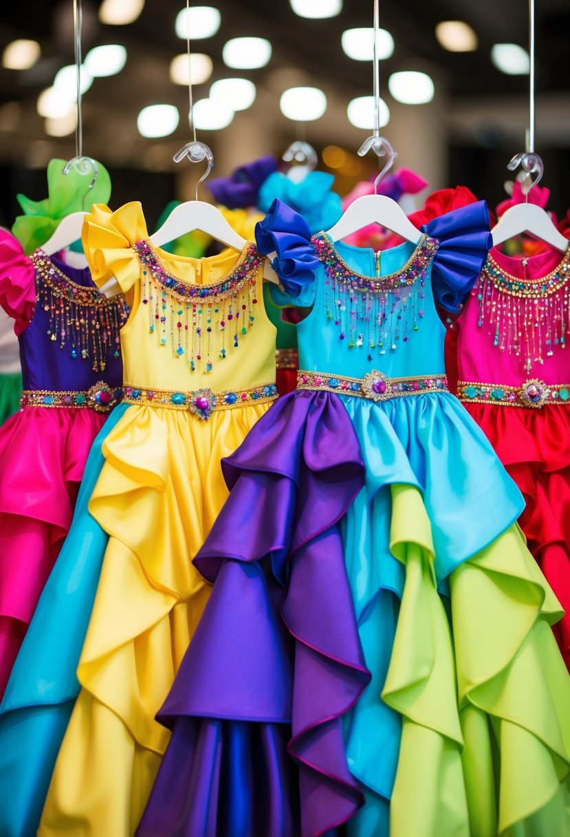 Vibrant carnival-style dresses in various colors and patterns, with playful ruffles and embellishments, perfect for a kids' wedding attire