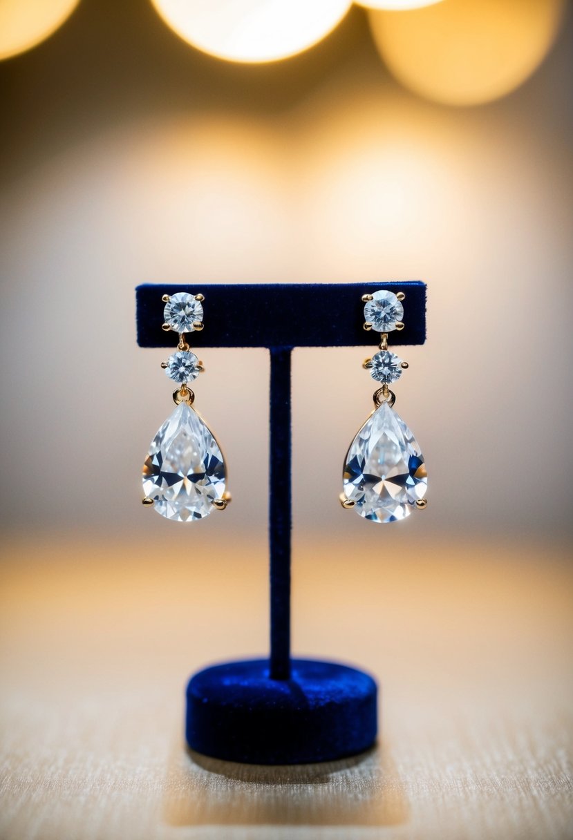 A sparkling pair of cubic zirconia alternative diamond wedding earrings, displayed on a velvet jewelry stand under soft, warm lighting