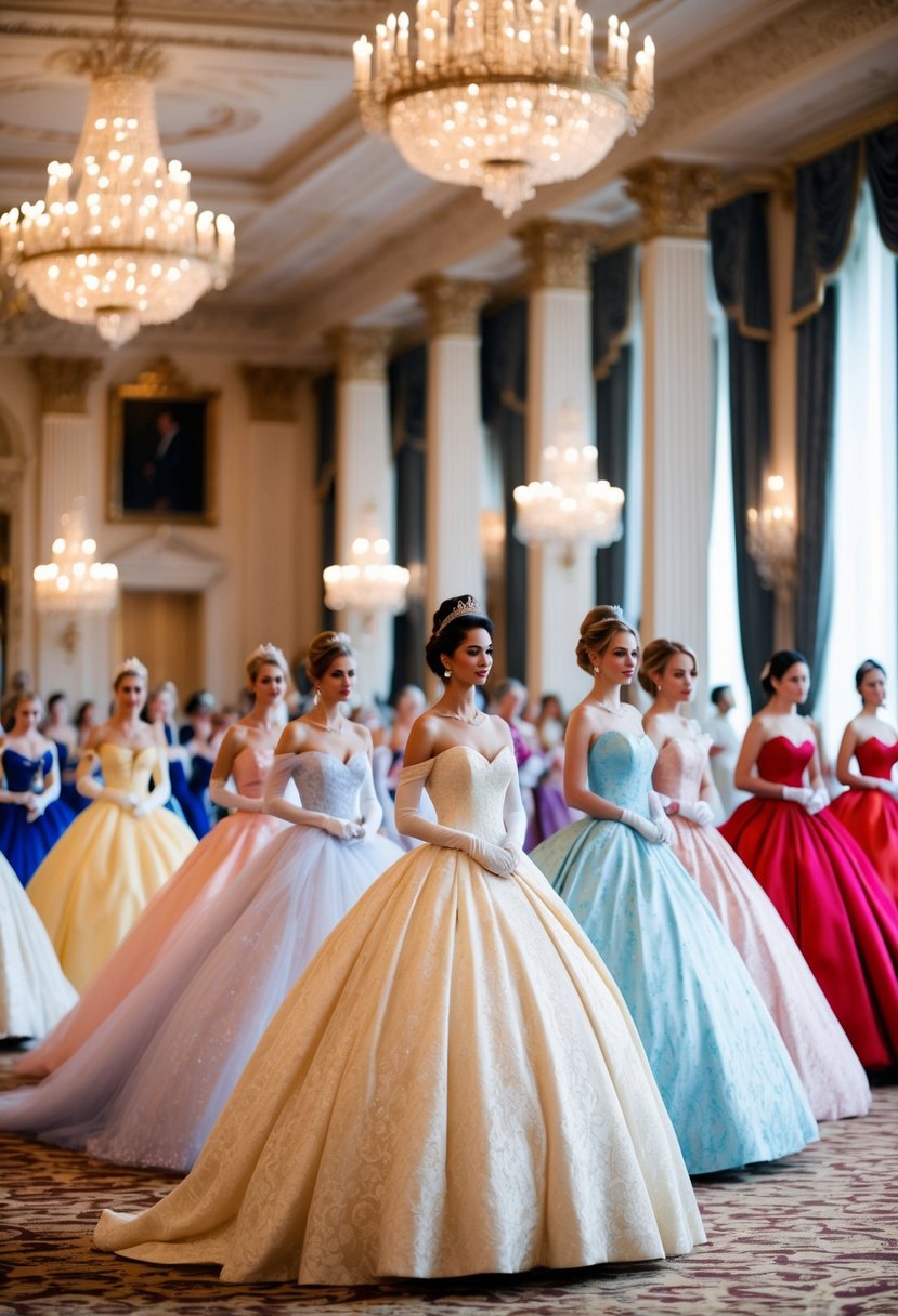 A grand ballroom with rows of exquisite princess ball gowns in various colors and styles, fit for a royal wedding