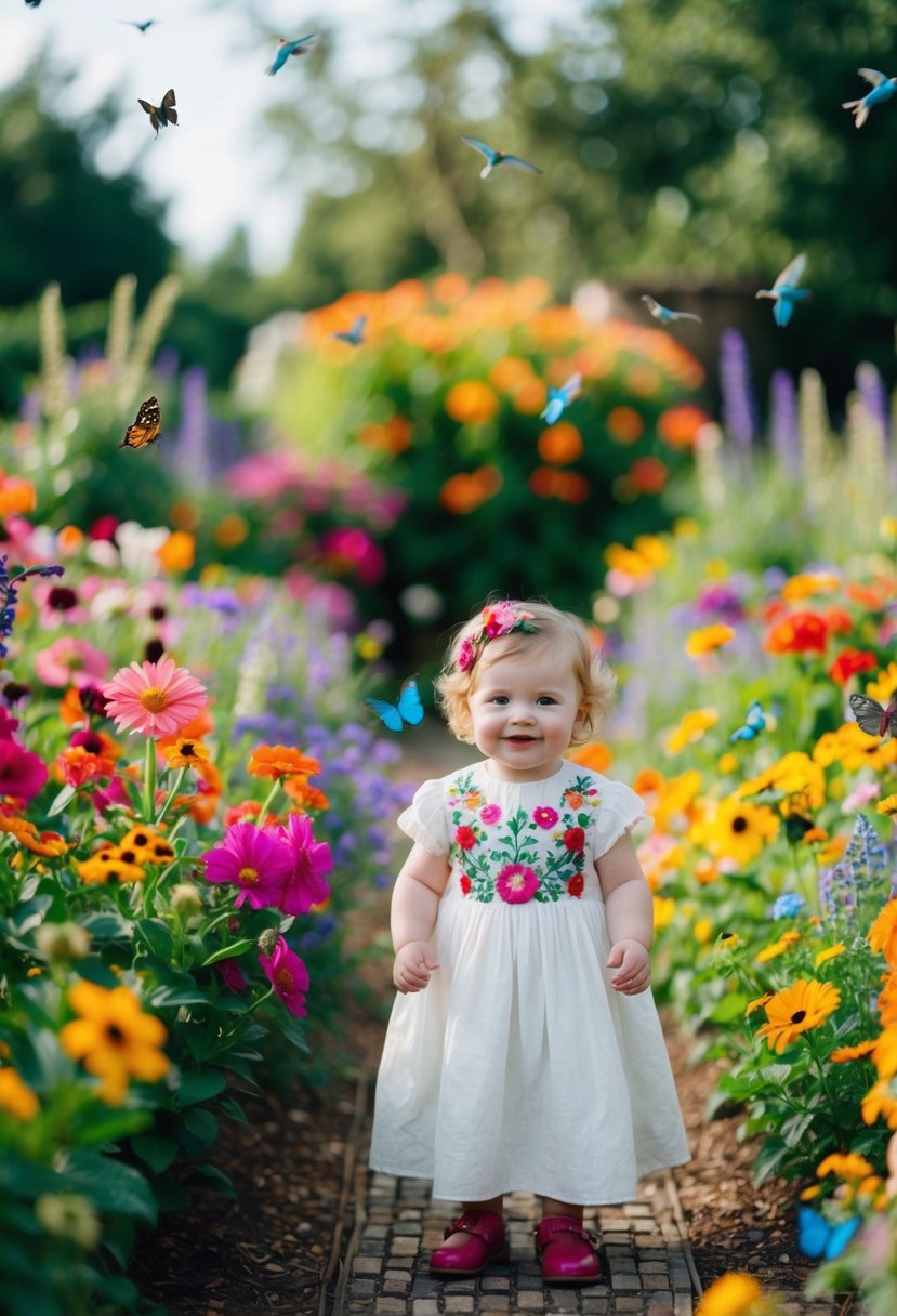 A garden filled with vibrant flowers, with a small child in a hand-embroidered floral dress, surrounded by butterflies and birds