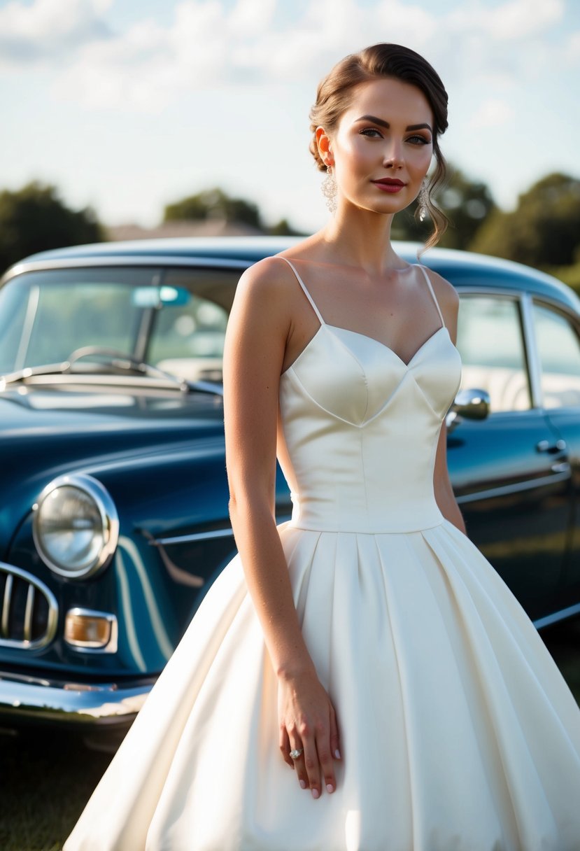 A bride in a 1990s-style wedding dress with a fitted bodice, spaghetti straps, and a full, flared skirt, standing in front of a vintage car