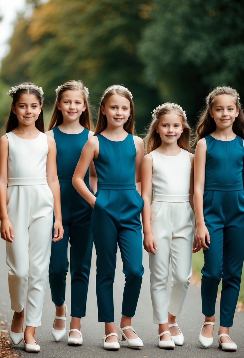 A group of young girls in sleek modern jumpsuits, standing in a row, showcasing wedding dress ideas for kids aged 11 and 12