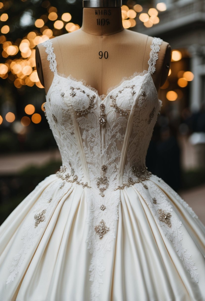 A 1990s-style wedding dress with lace details, featuring a fitted bodice, full skirt, and delicate spaghetti straps, adorned with vintage-inspired embellishments and intricate lace patterns