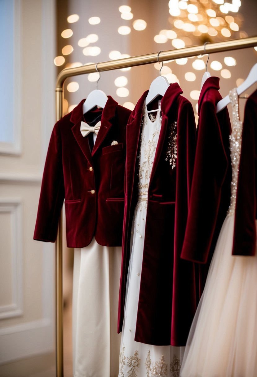 Velvet coats hang next to embellished dresses, creating a rich and elegant display for kids' wedding attire