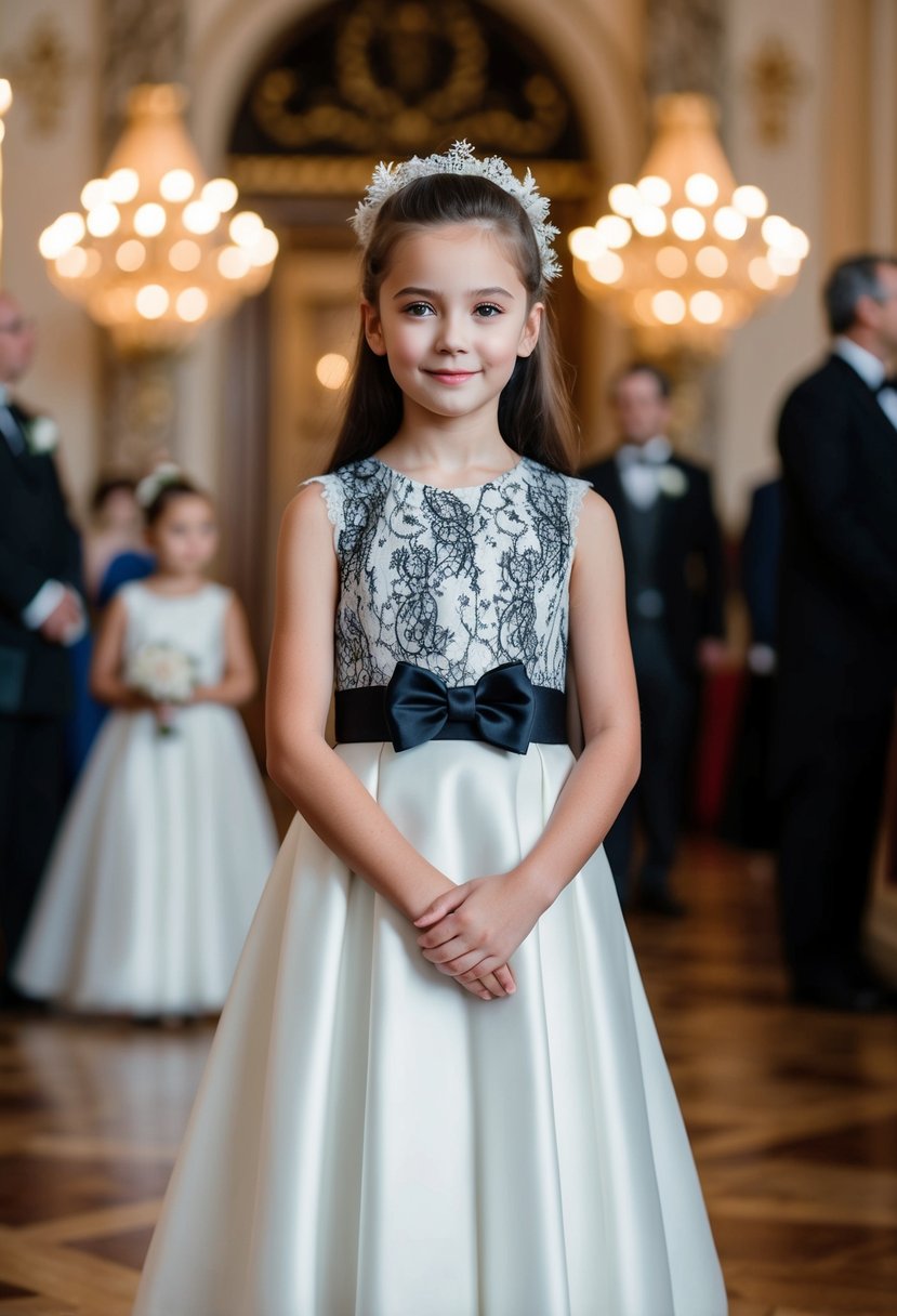 A young girl in a sleek black and white wedding dress, adorned with delicate lace and a bow, standing in a grand, ornate ballroom