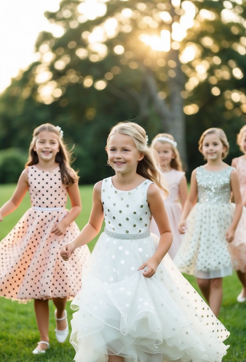 A group of kids, aged 11 and 12, twirl in charming polka dot print wedding dresses, exuding joy and innocence