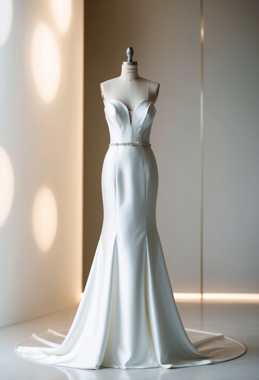 A sleek, satin wedding dress with clean lines and subtle detailing, set against a modern, minimalist backdrop with soft, elegant lighting